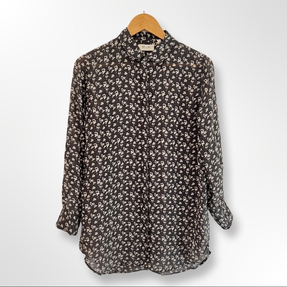 M I H Jeans Gray Printed Ramie Button Down Shirt … - image 1